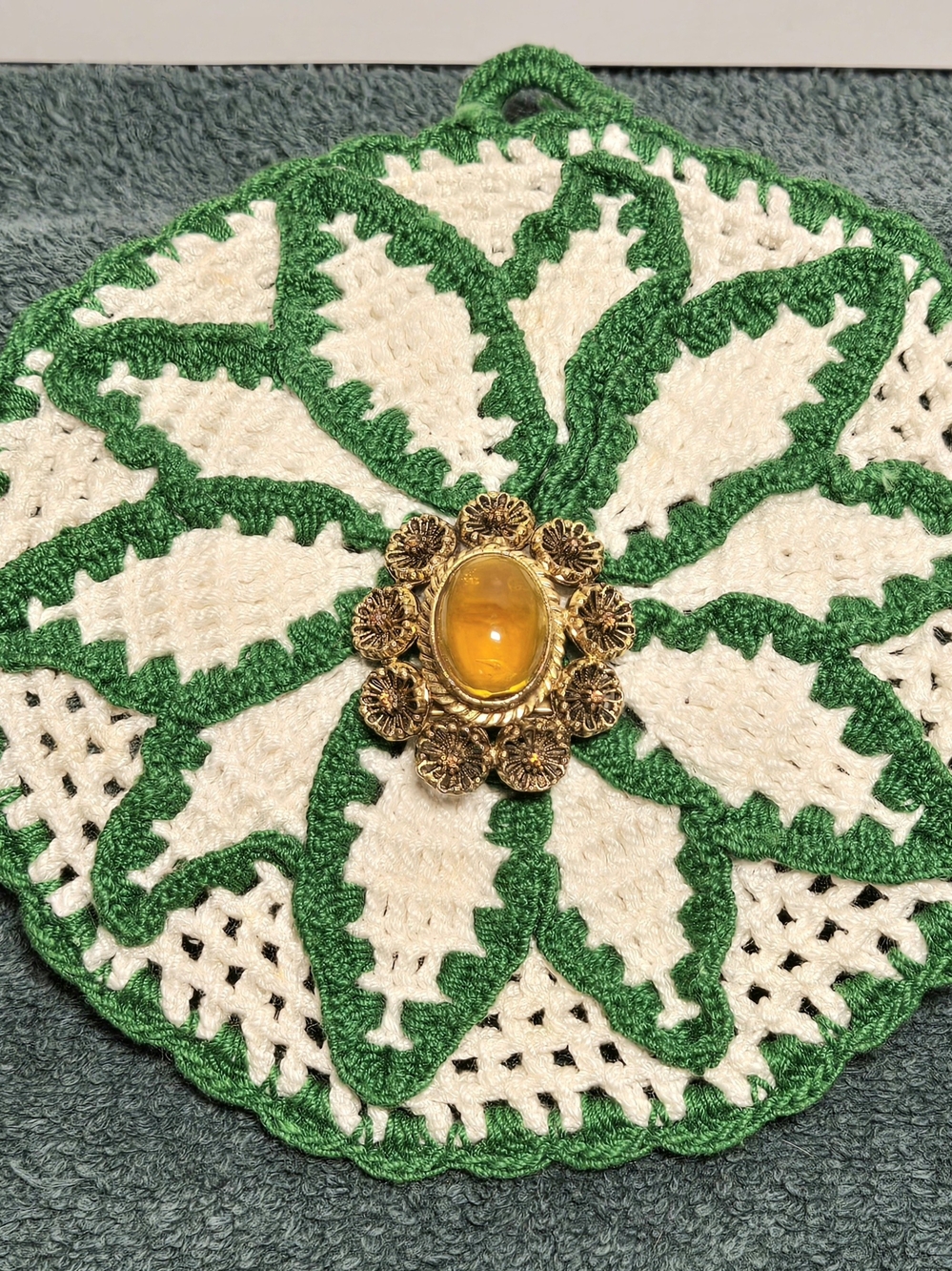 Vintage Gold Tone Floral Brooch Amber Cabochon Flower Pin 2"